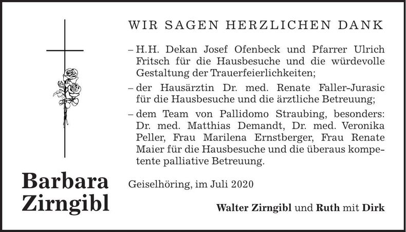 Traueranzeige Barbara Zirngibl