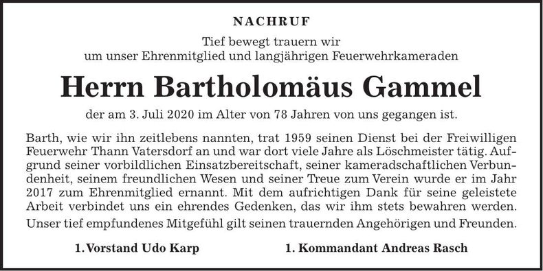 Traueranzeige Bartholomäus Gammel