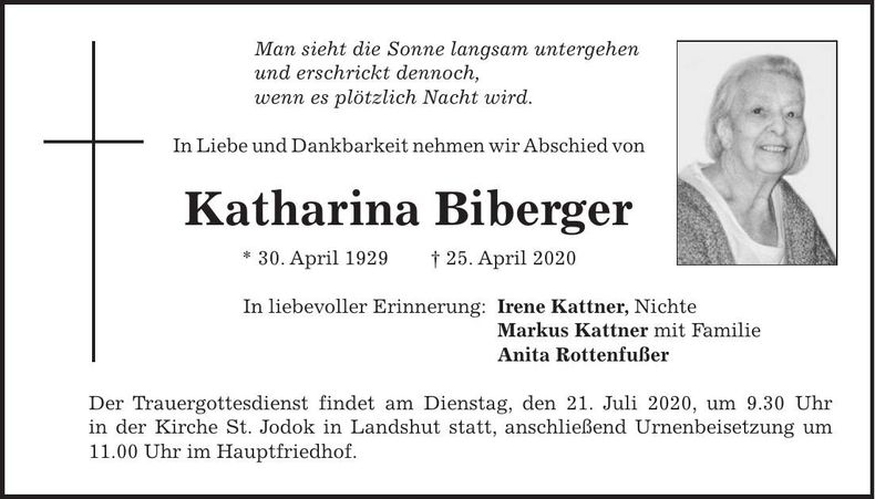 Traueranzeige Katharina Biberger