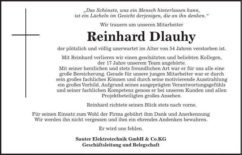 Traueranzeige Reinhard Dlauhy