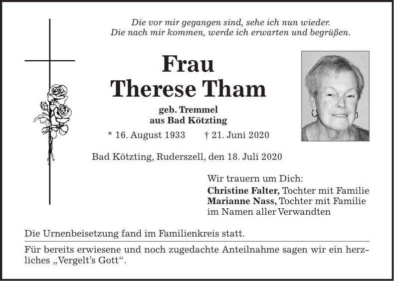 Traueranzeige Therese Tham