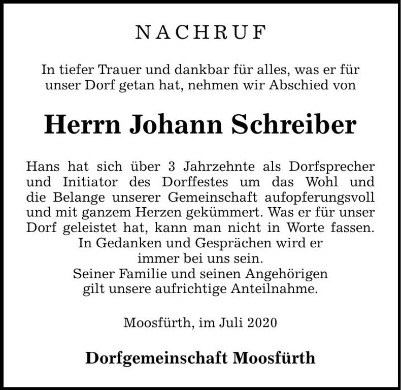 Traueranzeige Johann Schreiber