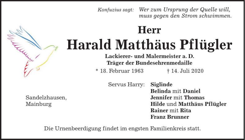 Traueranzeige Harald Matthäus Pflügler