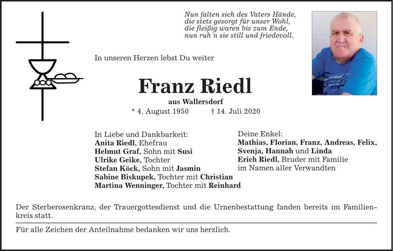 Traueranzeige Franz Riedl