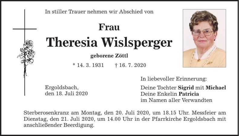 Traueranzeige Theresia Wislsperger