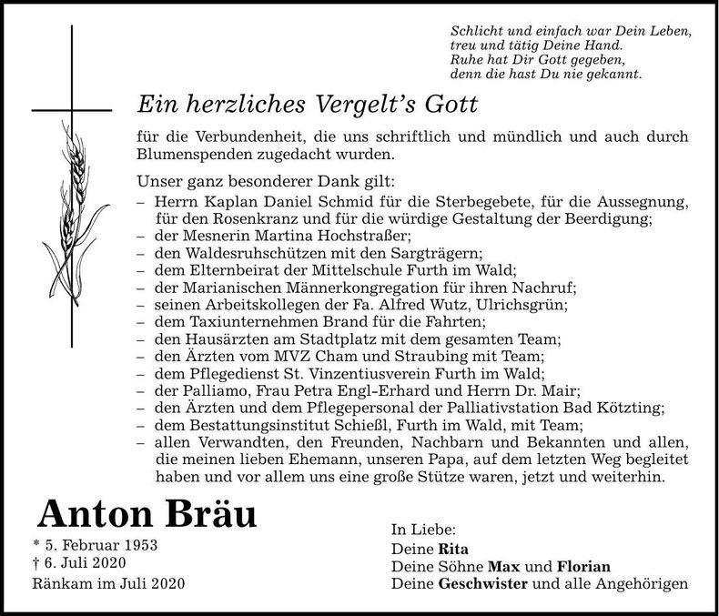 Traueranzeige Anton Bräu