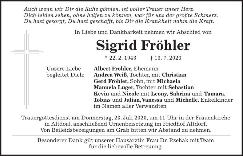 Traueranzeige Sigrid Fröhler