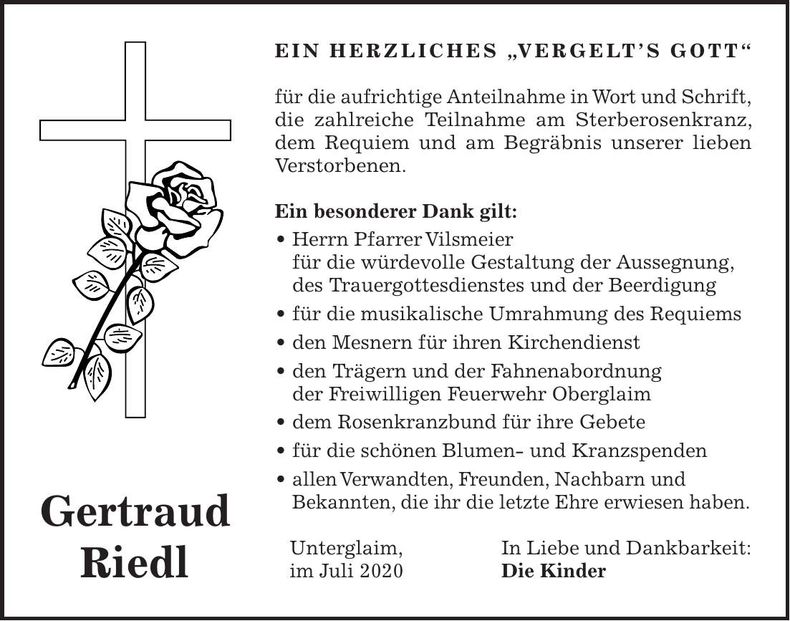Traueranzeige Gertraud Riedl
