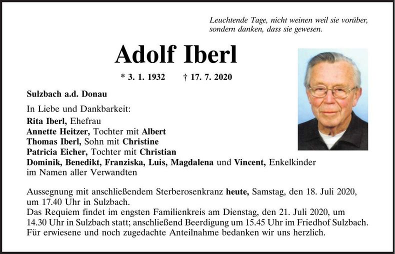 Traueranzeige Adolf Iberl