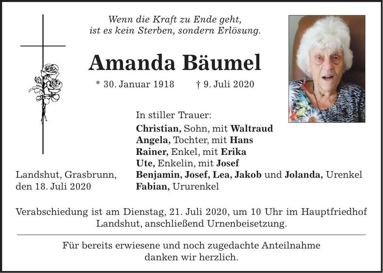 Traueranzeige Amanda Bäumel