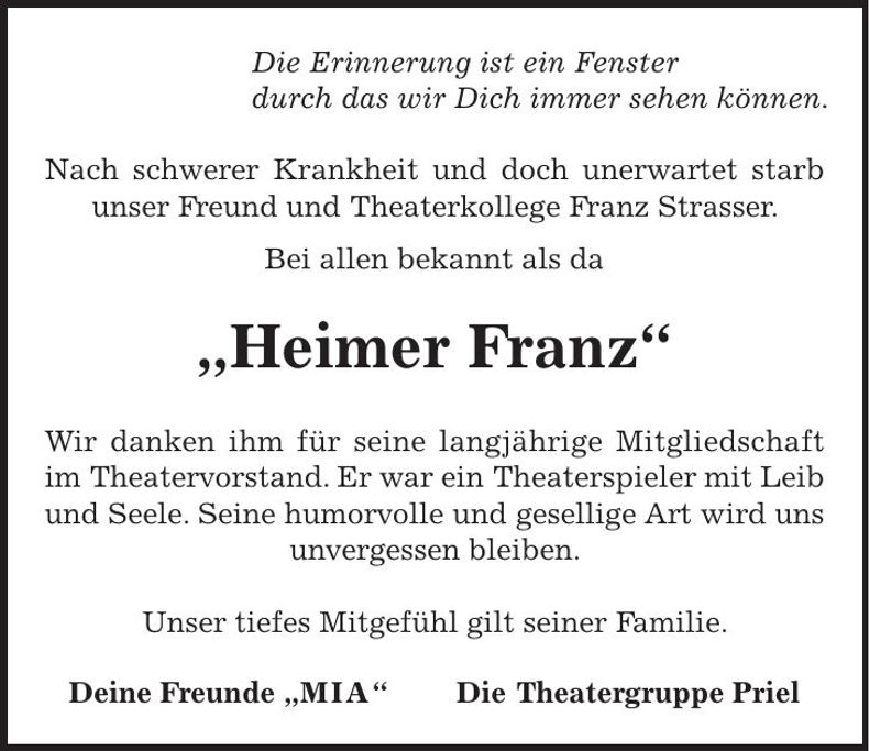 Traueranzeige Franz Strasser
