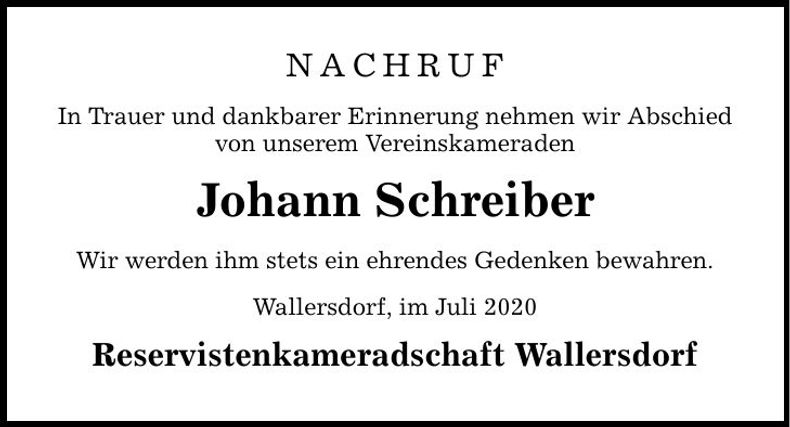 Traueranzeige Johann Schreiber
