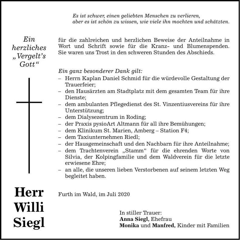 Traueranzeige Willi Siegl