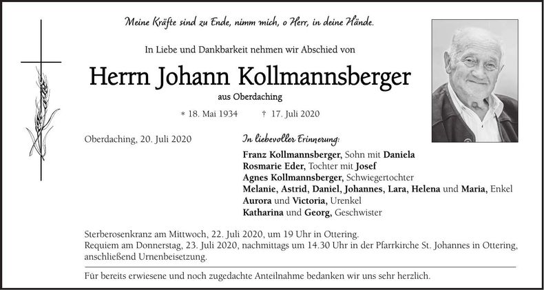 Traueranzeige Johann Kollmannsberger