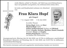 Traueranzeige Klara Hupf
