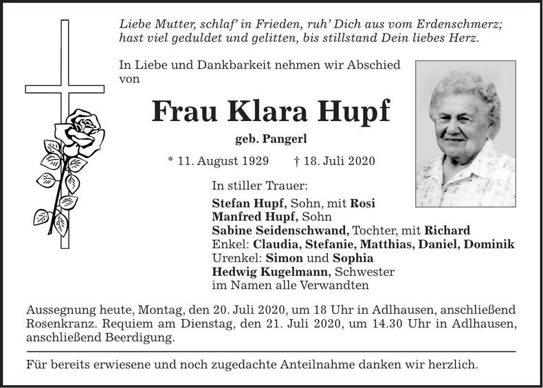 Traueranzeige Klara Hupf