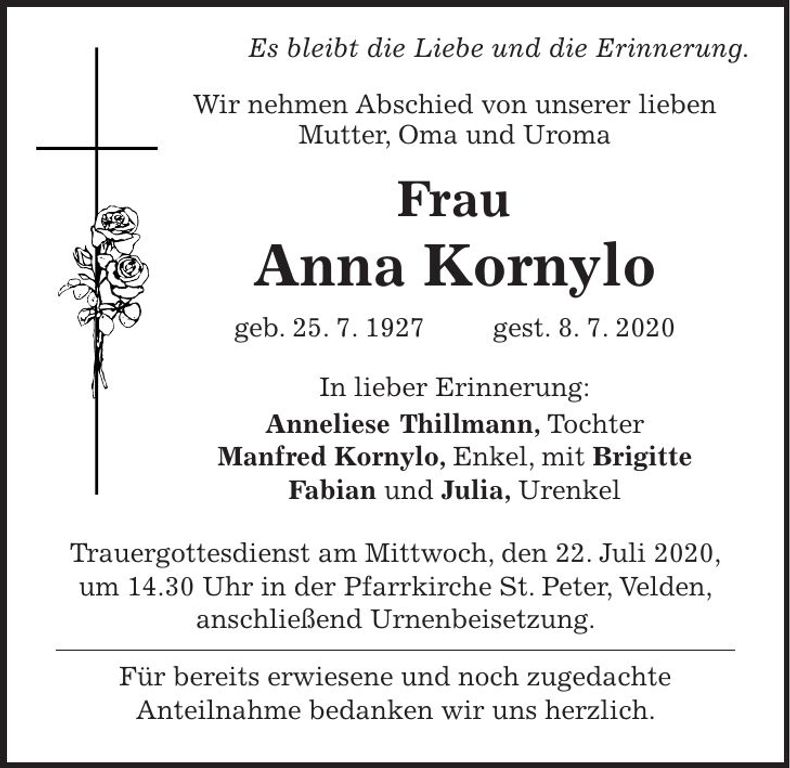 Traueranzeige Anna Kornylo
