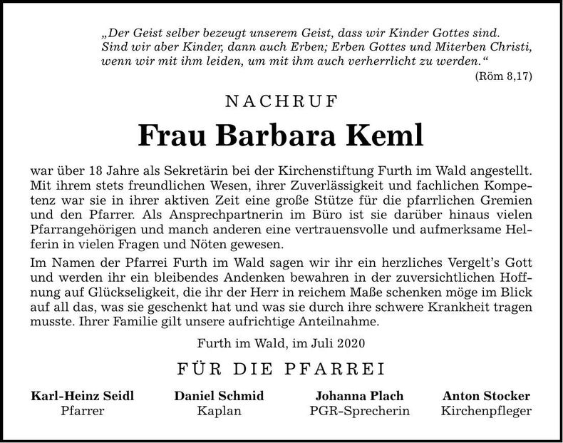 Traueranzeige Barbara Keml