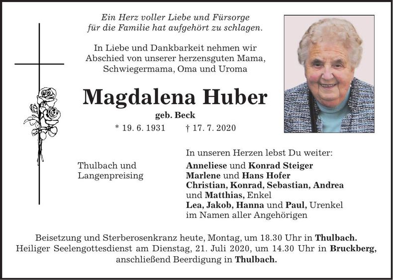 Traueranzeige Magdalena Huber