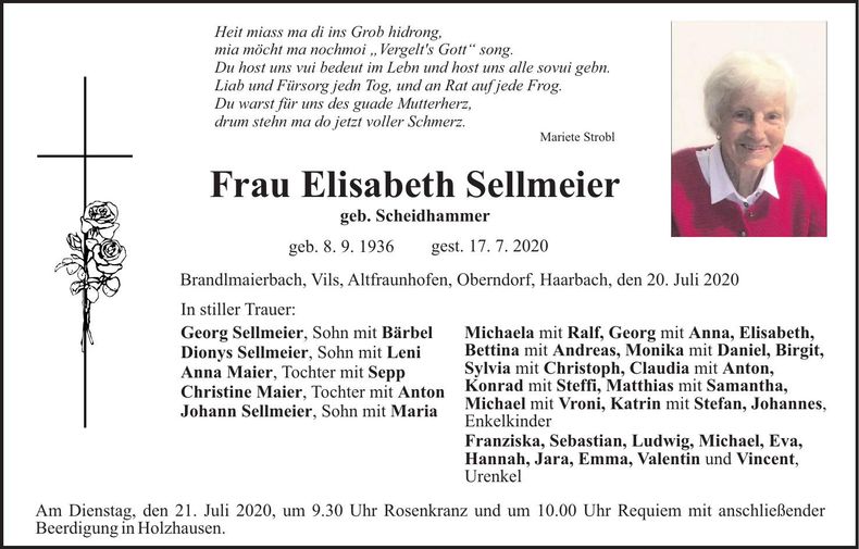 Traueranzeige Elisabeth Sellmeier