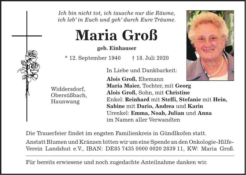 Traueranzeige Maria Groß