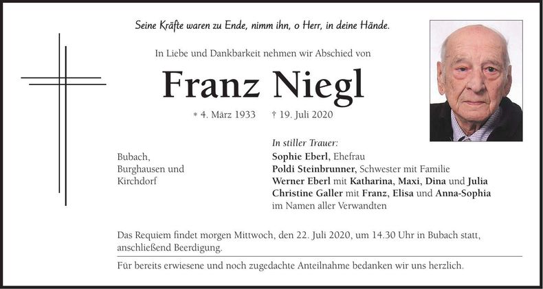 Traueranzeige Franz Niegl