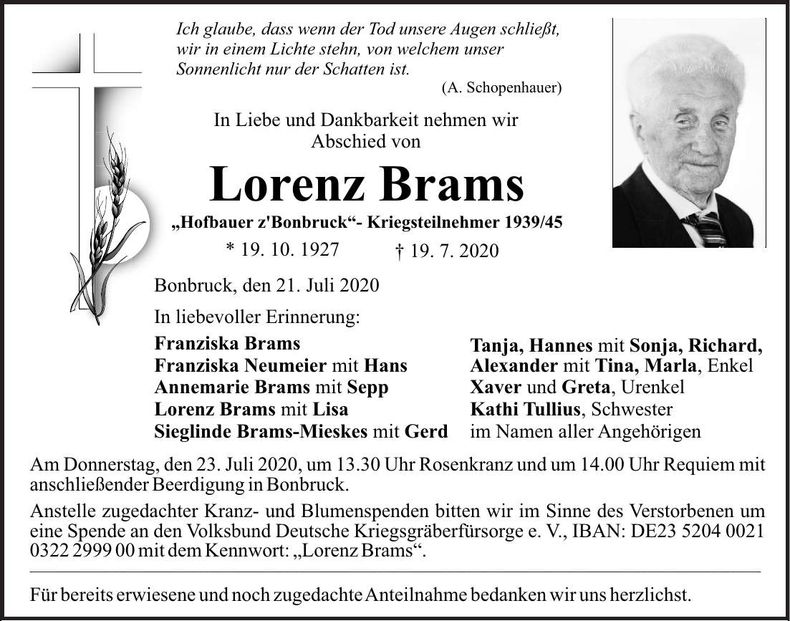 Traueranzeige Lorenz Brams