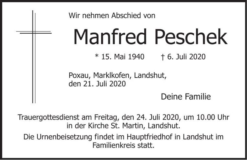 Traueranzeige Manfred Peschek