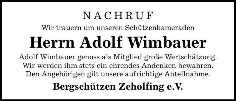 Traueranzeige Adolf Wimbauer