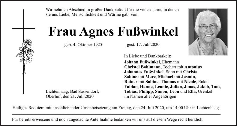 Traueranzeige Agnes Fußwinkel