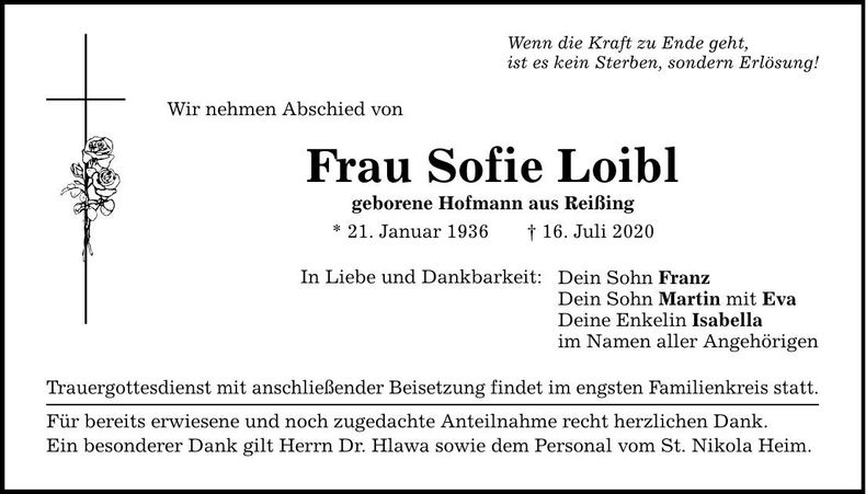 Traueranzeige Sofie Loibl