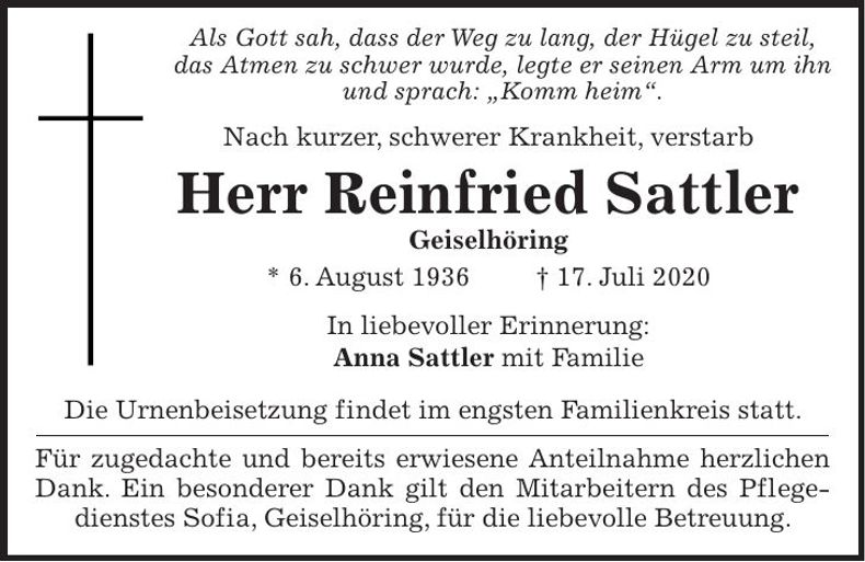 Traueranzeige Reinfried Sattler