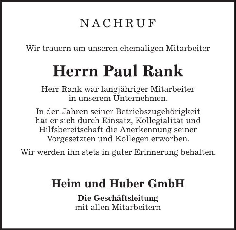 Traueranzeige Paul Rank