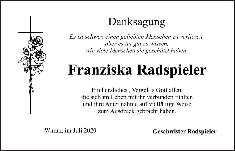 Traueranzeige Franziska Radspieler