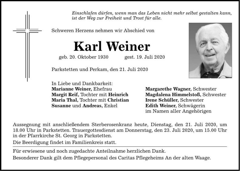 Traueranzeige Karl Weiner