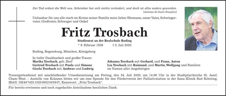 Traueranzeige Fritz Trosbach