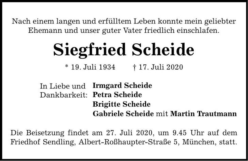 Traueranzeige Siegfried Scheide