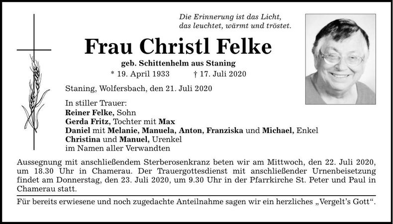 Traueranzeige Christl Felke