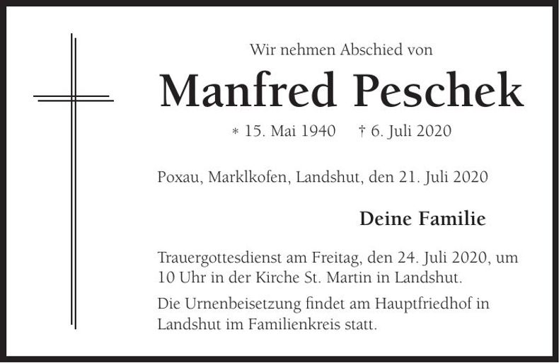 Traueranzeige Manfred Peschek