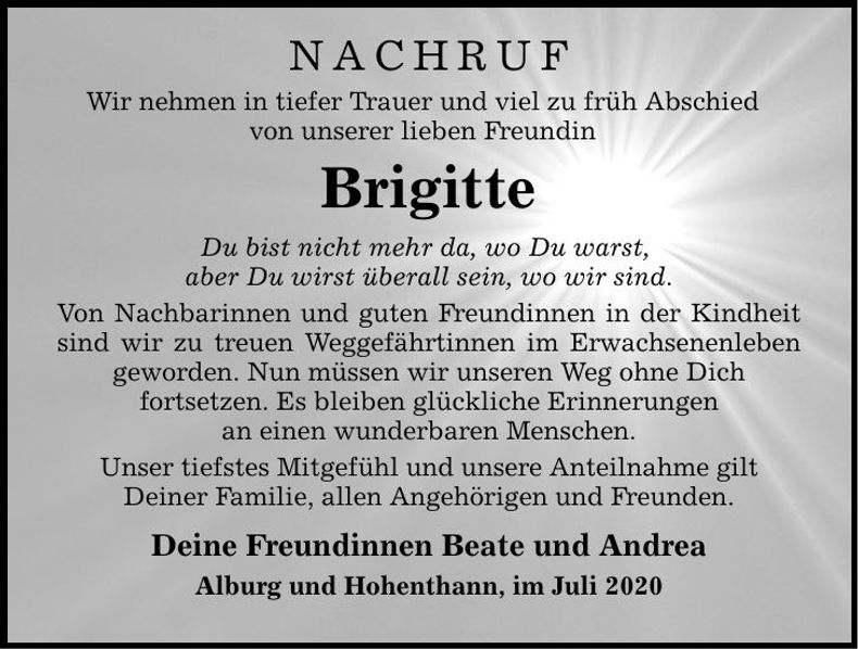 Traueranzeige Brigitte Wagensoner