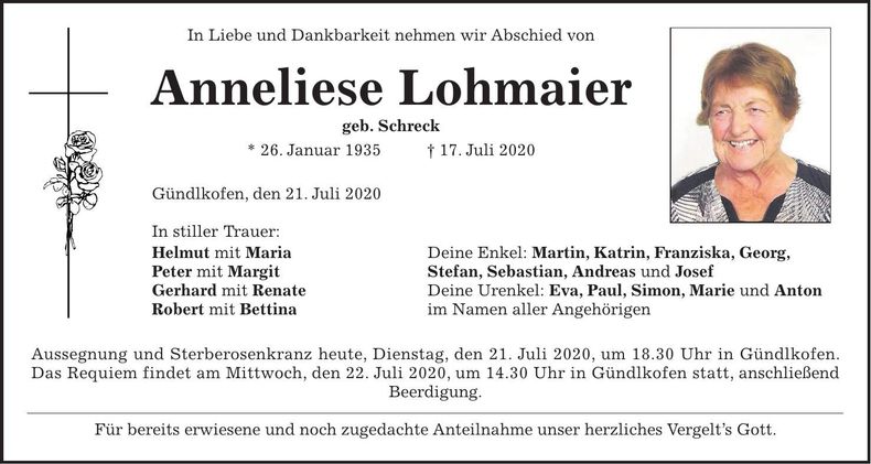 Traueranzeige Anneliese Lohmaier