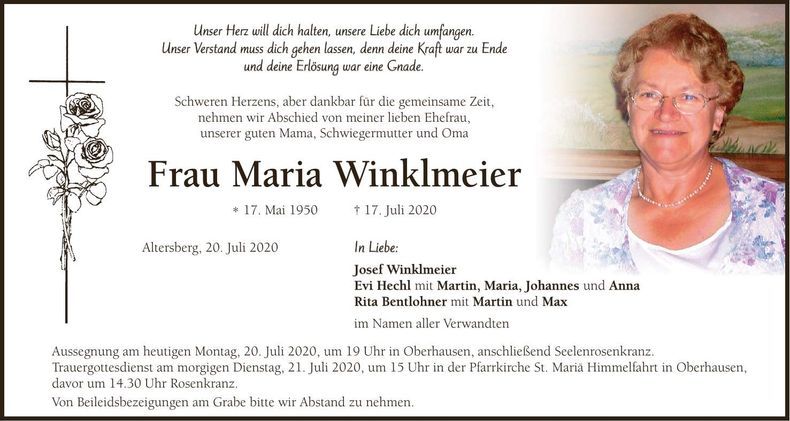 Traueranzeige Maria Winklmeier