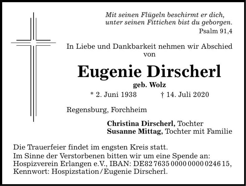 Traueranzeige Eugenie Dirscherl