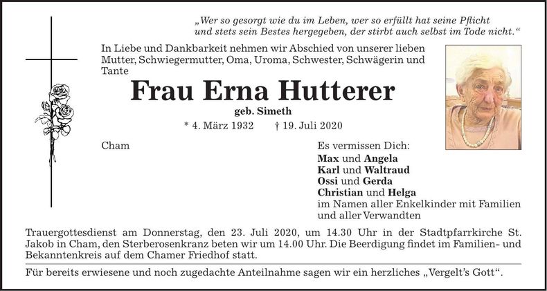 Traueranzeige Erna Hutterer