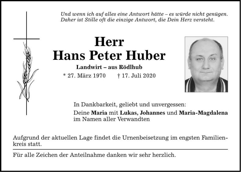Traueranzeige Hans Peter Huber