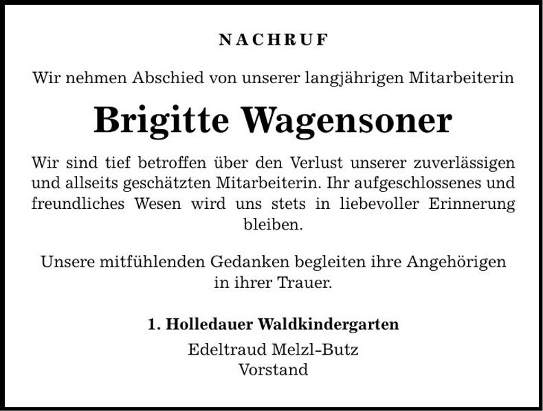 Traueranzeige Brigitte Wagensoner