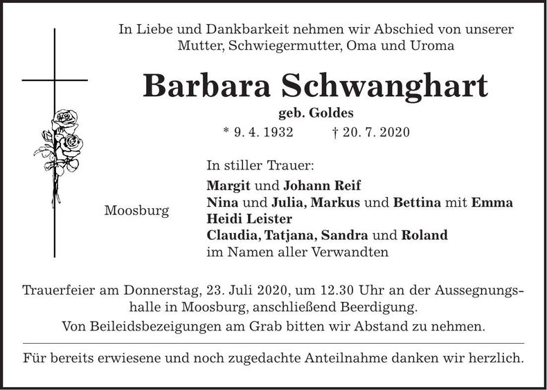 Traueranzeige Barbara Schwanghart