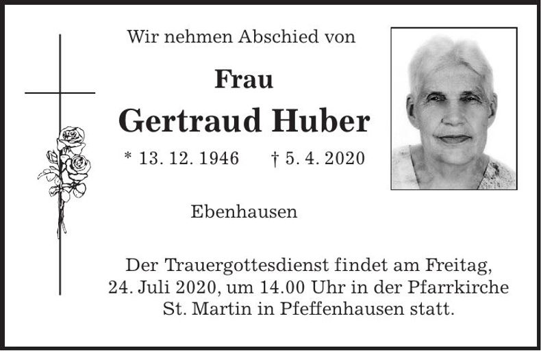 Traueranzeige Gertraud Huber