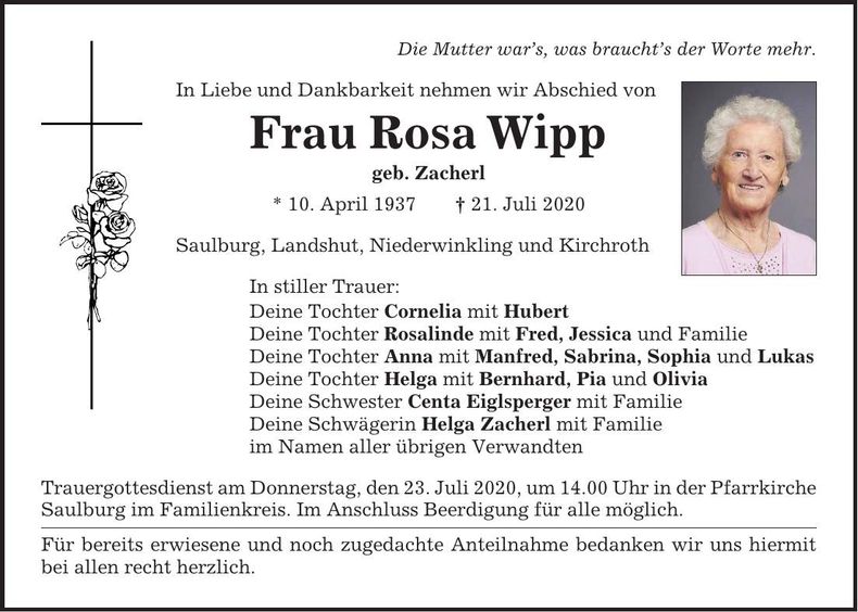 Traueranzeige Rosa Wipp