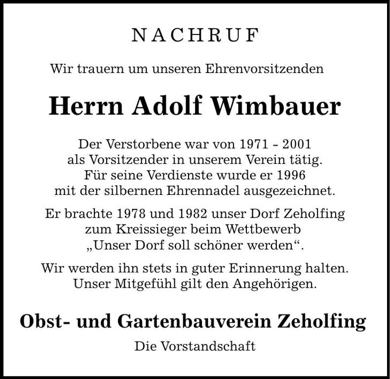 Traueranzeige Adolf Wimbauer